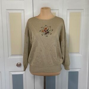 Bay Point Threads Vintage Tan Floral Embroidered Pointelle Knit Sweater Large